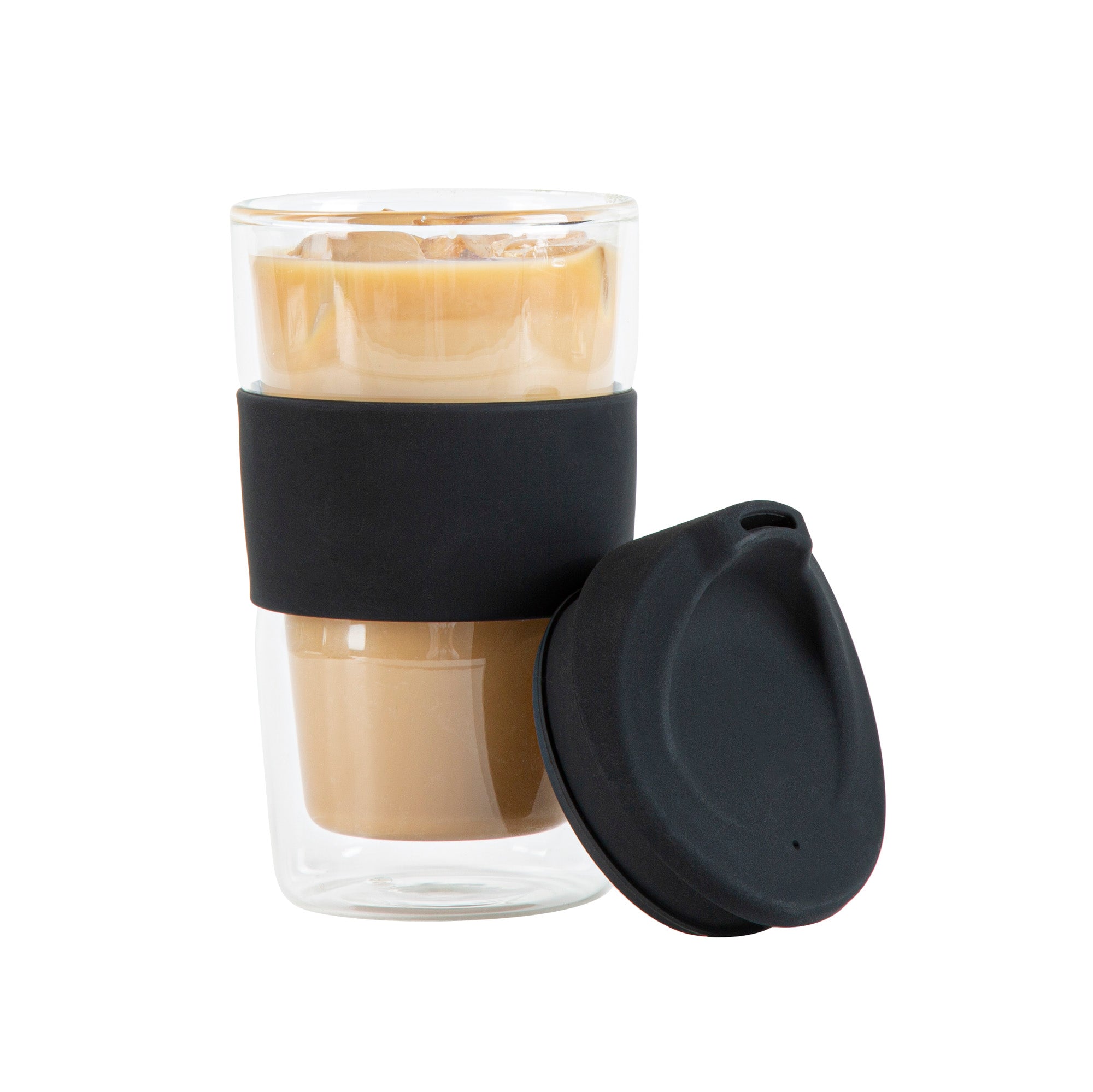 Forma Professional 12 oz Glass Travel Mug - Double Wall, Borosilicate, with Black Lid and Sleeve - 1 count box