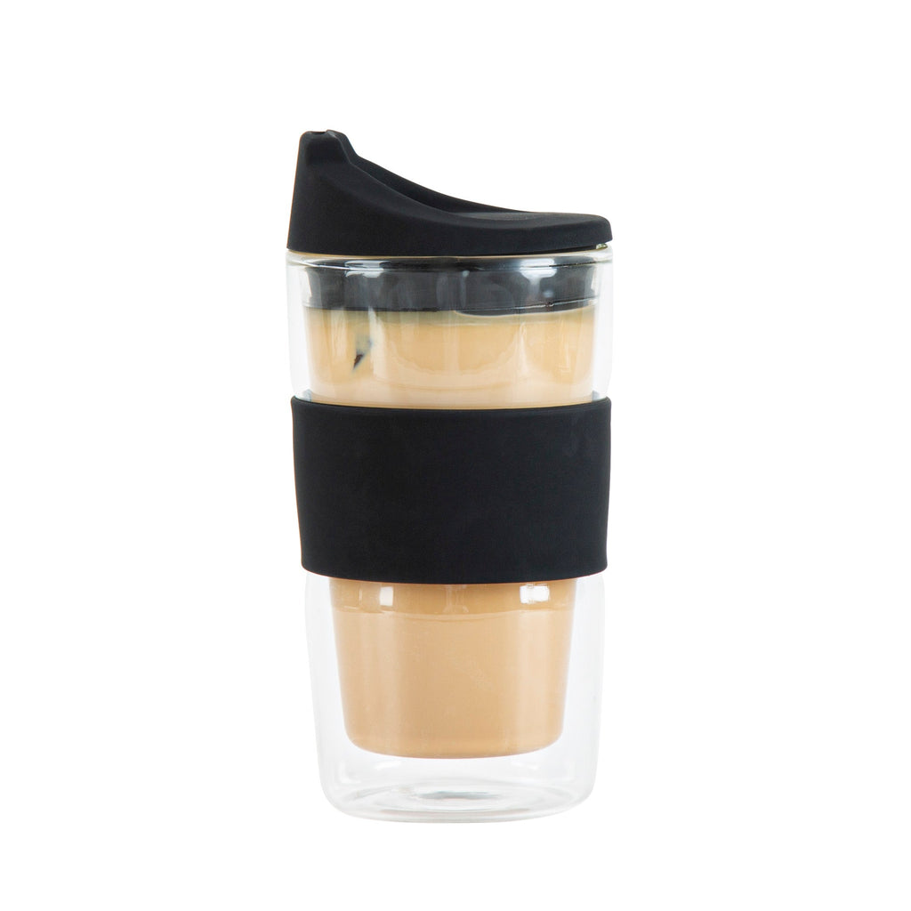 Forma Professional 12 oz Glass Travel Mug - Double Wall, Borosilicate, with Black Lid and Sleeve - 1 count box
