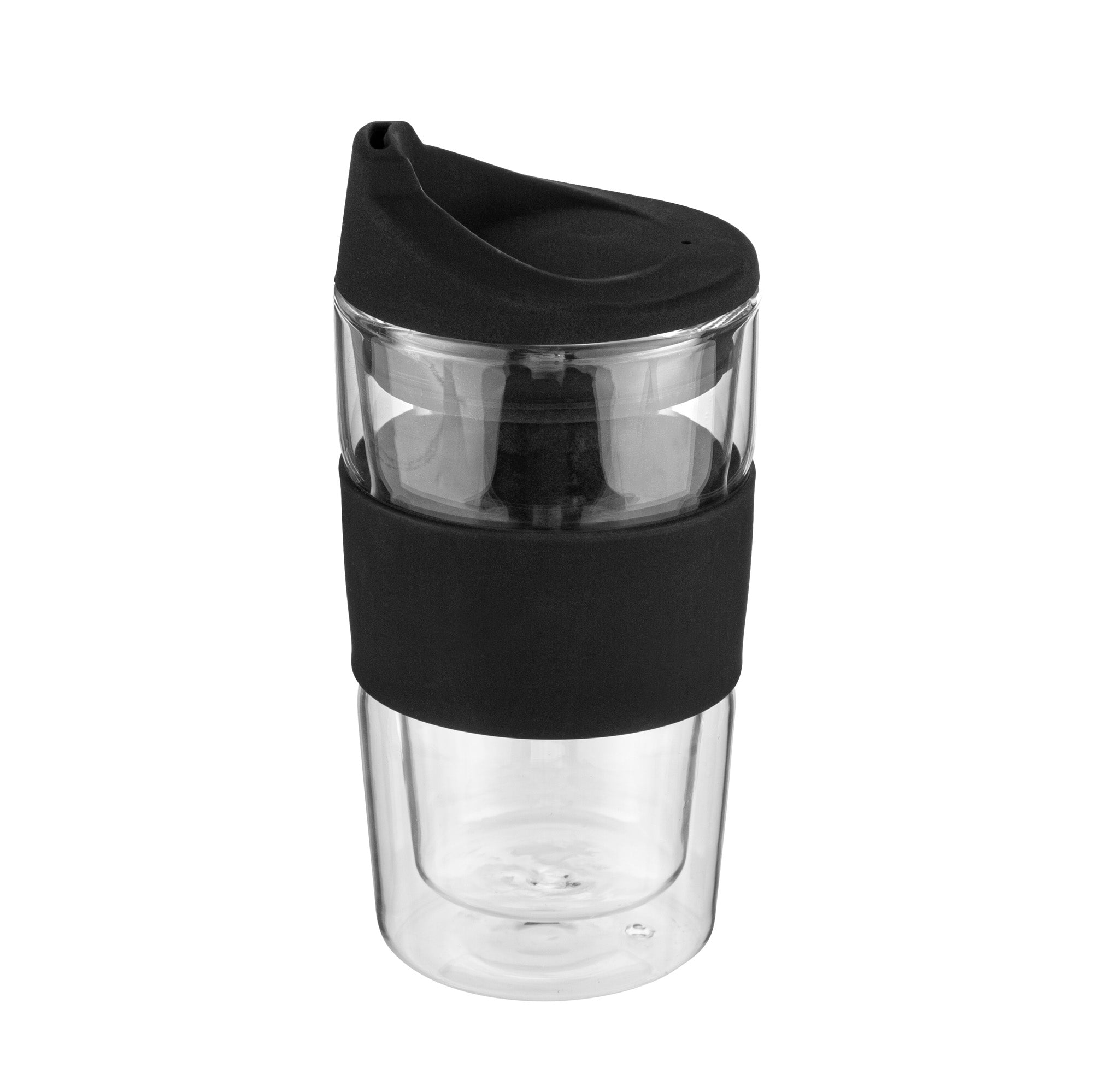 Forma Professional 12 oz Glass Travel Mug - Double Wall, Borosilicate, with Black Lid and Sleeve - 10 count box