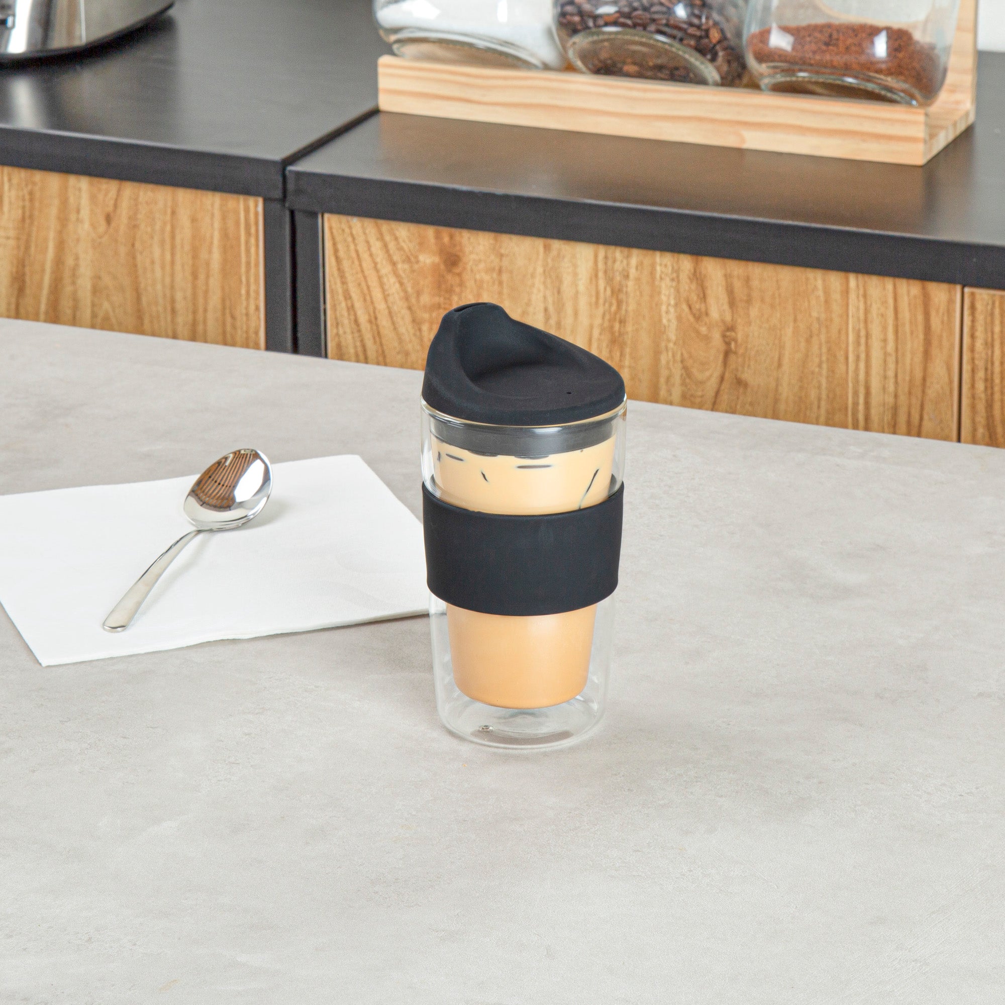 Forma Professional 12 oz Glass Travel Mug - Double Wall, Borosilicate, with Black Lid and Sleeve - 10 count box