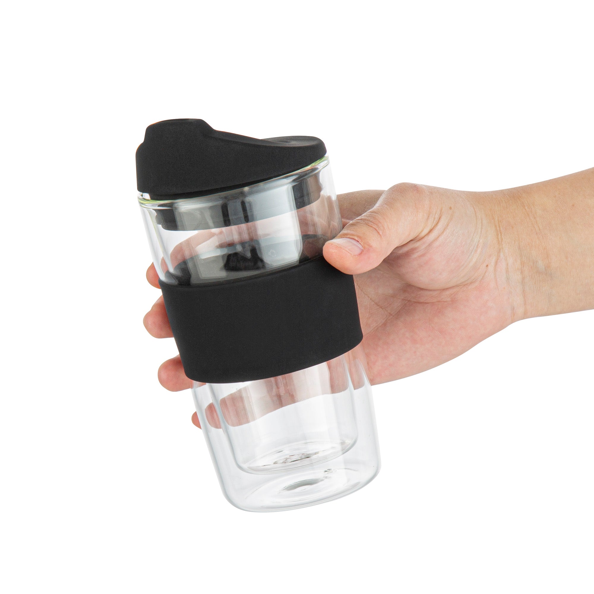 Forma Professional 12 oz Glass Travel Mug - Double Wall, Borosilicate, with Black Lid and Sleeve - 10 count box