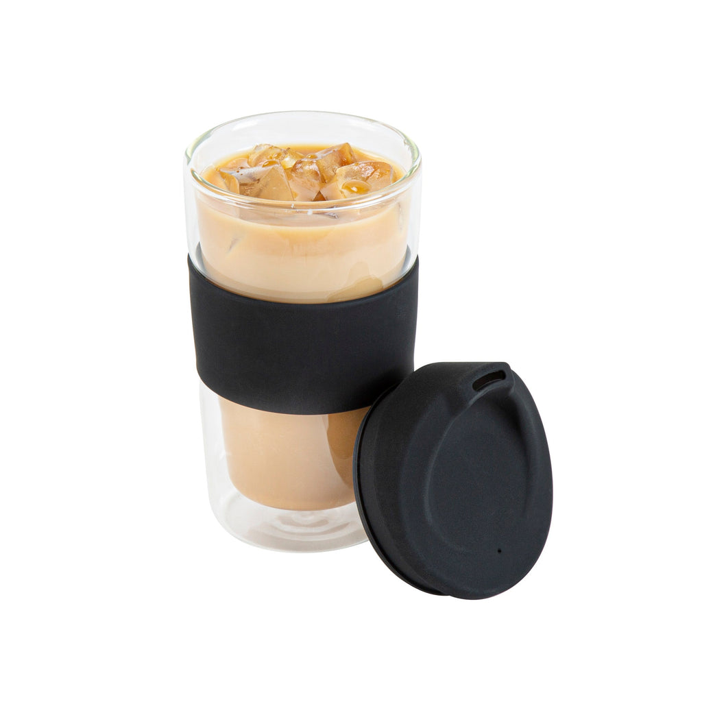 Forma Professional 12 oz Glass Travel Mug - Double Wall, Borosilicate, with Black Lid and Sleeve - 10 count box