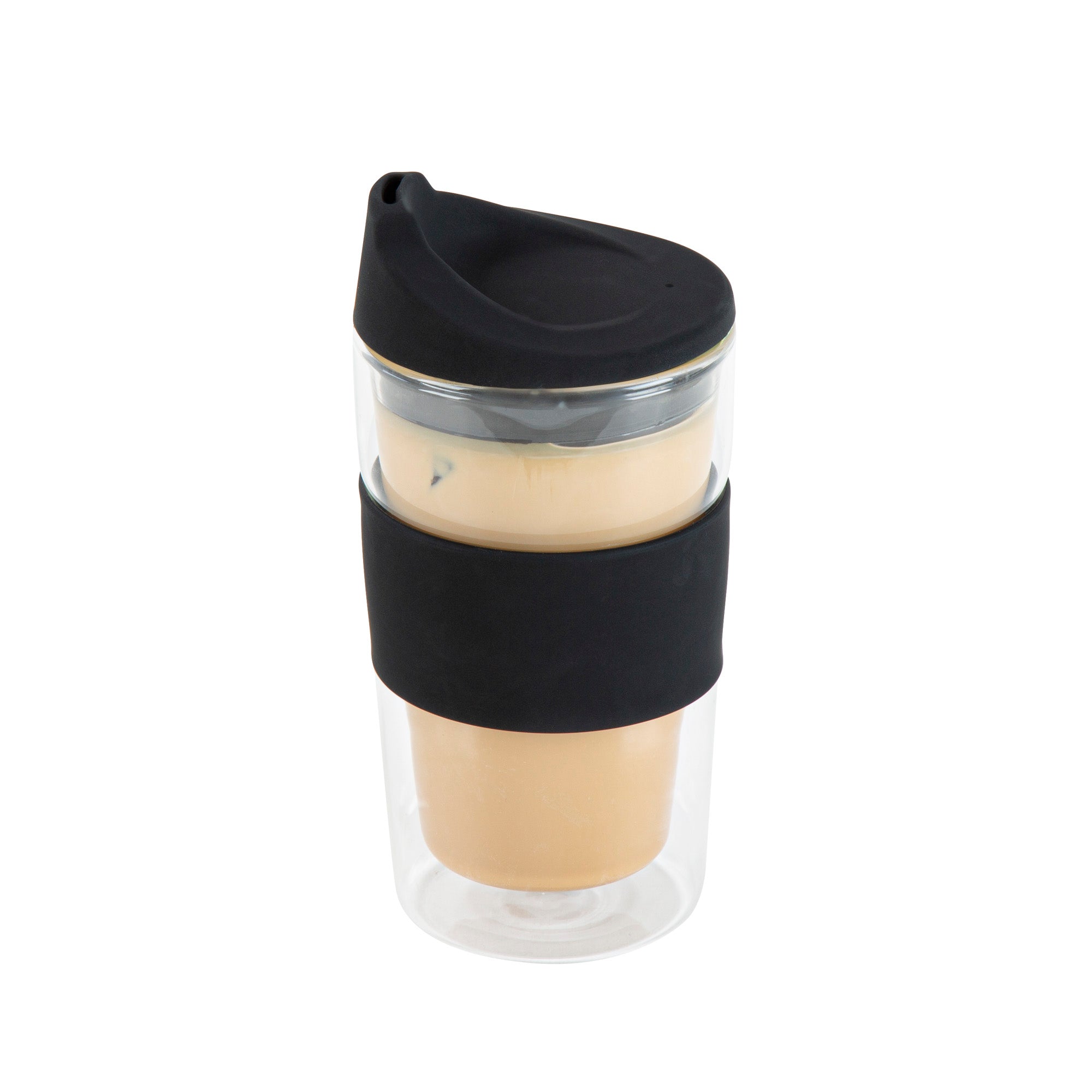 Forma Professional 12 oz Glass Travel Mug - Double Wall, Borosilicate, with Black Lid and Sleeve - 10 count box