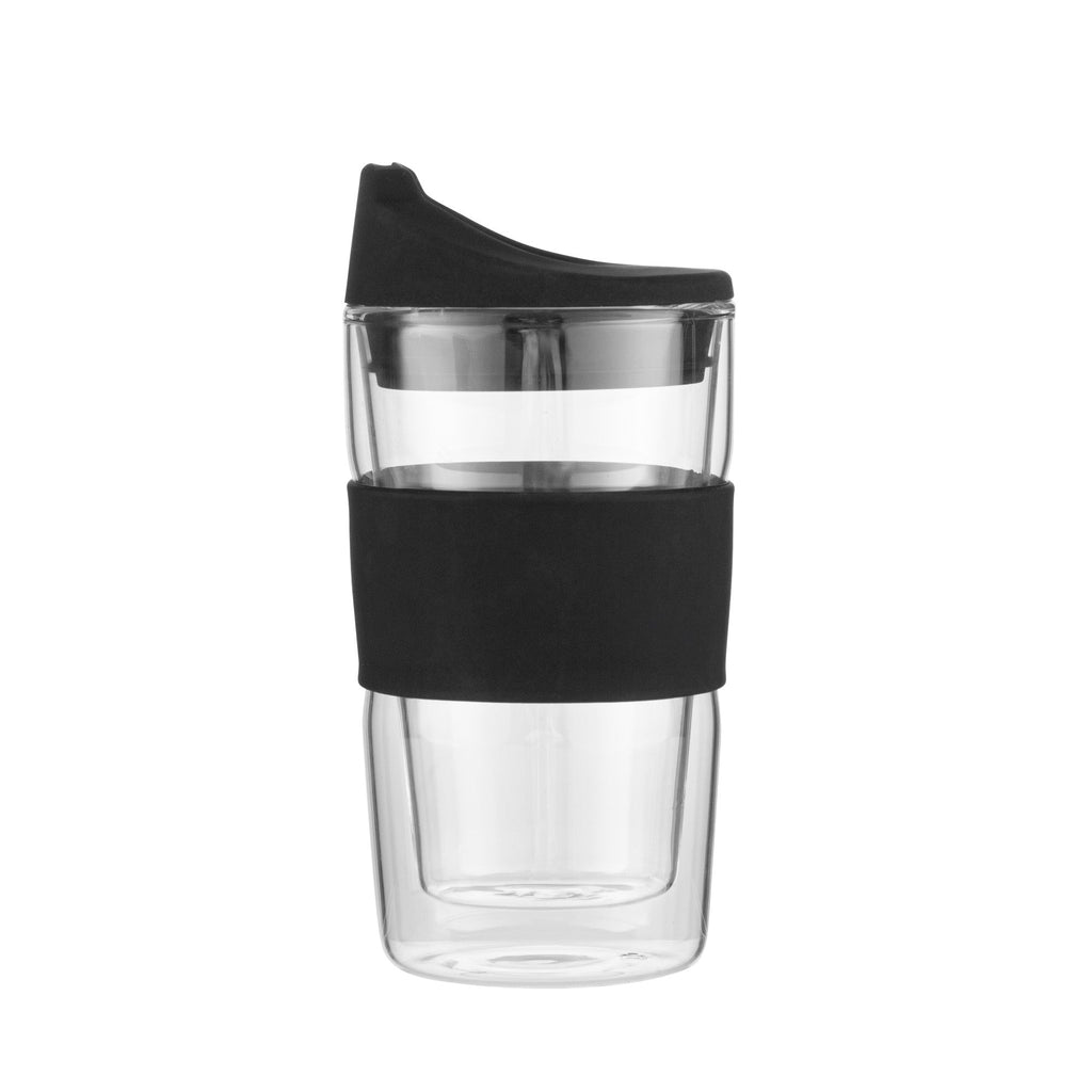 Forma Professional 12 oz Glass Travel Mug - Double Wall, Borosilicate, with Black Lid and Sleeve - 10 count box