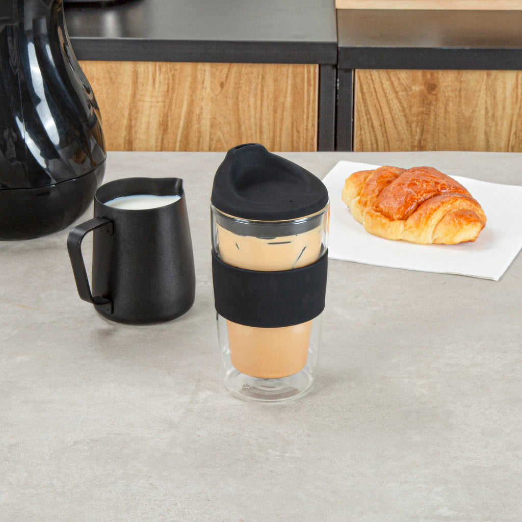 Forma Professional 12 oz Glass Travel Mug - Double Wall, Borosilicate, with Black Lid and Sleeve - 10 count box