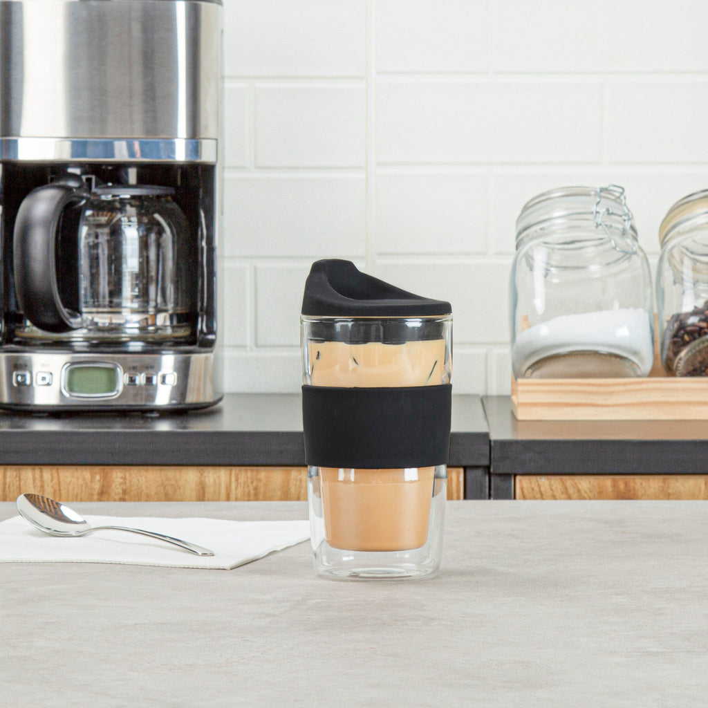 Forma Professional 12 oz Glass Travel Mug - Double Wall, Borosilicate, with Black Lid and Sleeve - 10 count box
