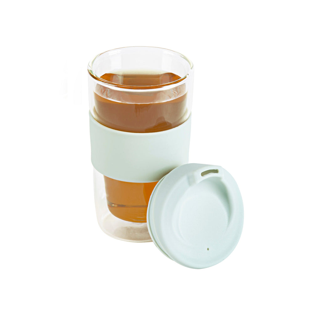 Forma Professional 12 oz Glass Travel Mug - Double Wall, Borosilicate, with Mint Green Lid and Sleeve - 1 count box