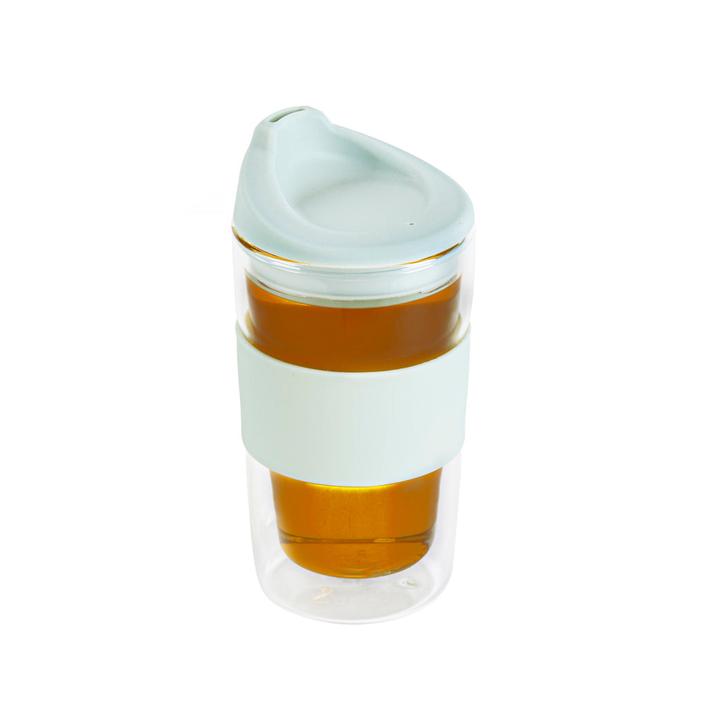 Forma Professional 12 oz Glass Travel Mug - Double Wall, Borosilicate, with Mint Green Lid and Sleeve - 1 count box