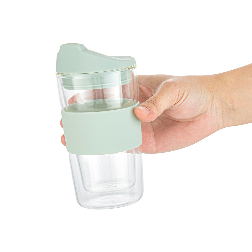 Forma Professional 12 oz Glass Travel Mug - Double Wall, Borosilicate, with Mint Green Lid and Sleeve - 10 count box