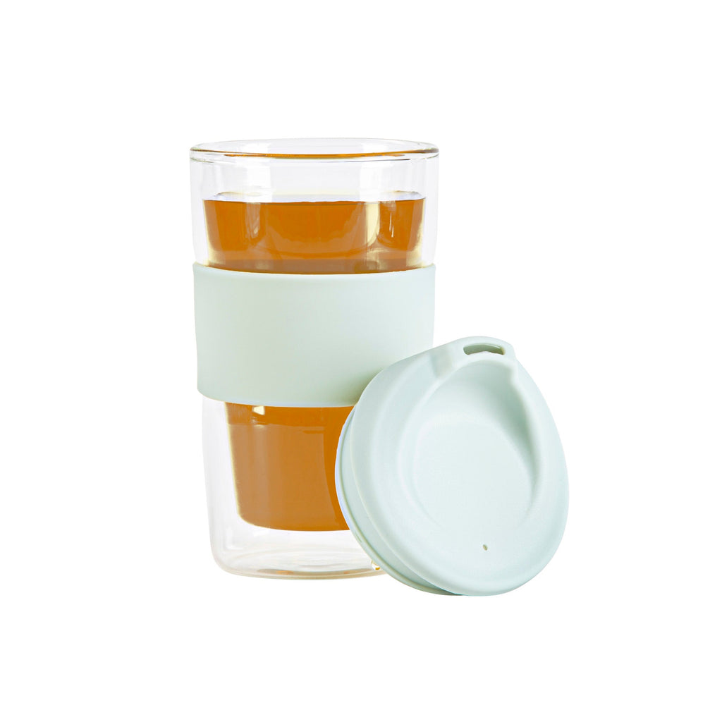 Forma Professional 12 oz Glass Travel Mug - Double Wall, Borosilicate, with Mint Green Lid and Sleeve - 10 count box