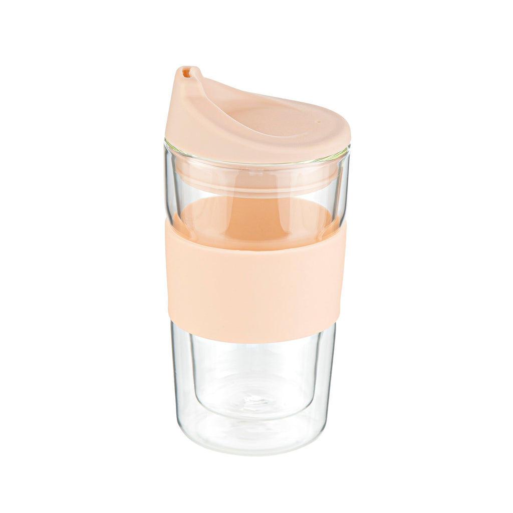 Forma Professional 12 oz Glass Travel Mug - Double Wall, Borosilicate, with Tan Lid and Sleeve - 10 count box