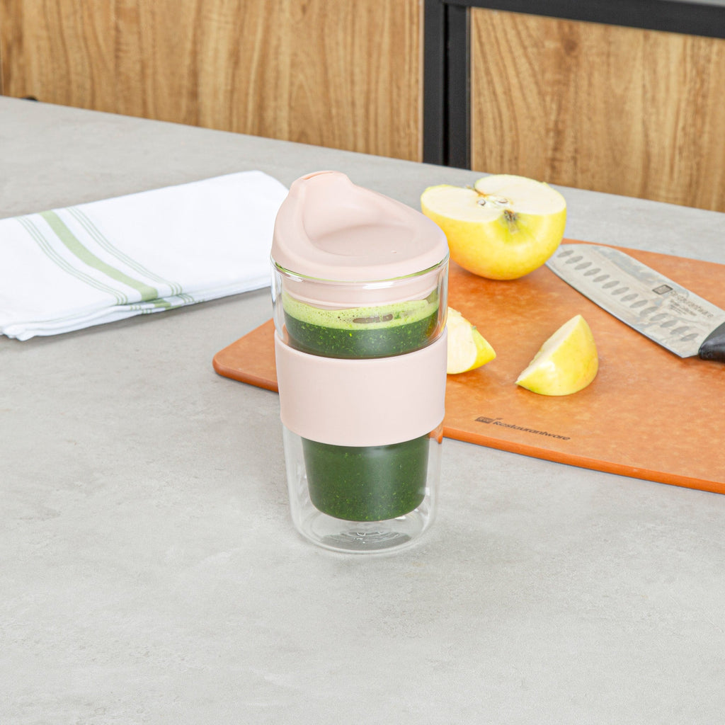 Forma Professional 12 oz Glass Travel Mug - Double Wall, Borosilicate, with Tan Lid and Sleeve - 10 count box