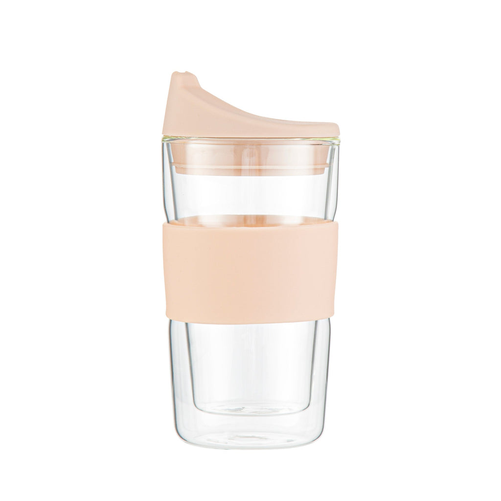 Forma Professional 12 oz Glass Travel Mug - Double Wall, Borosilicate, with Tan Lid and Sleeve - 10 count box