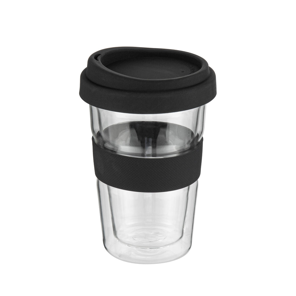 Forma Professional 14 oz Glass Travel Mug - Double Wall, Borosilicate, with Black Lid and Sleeve - 1 count box