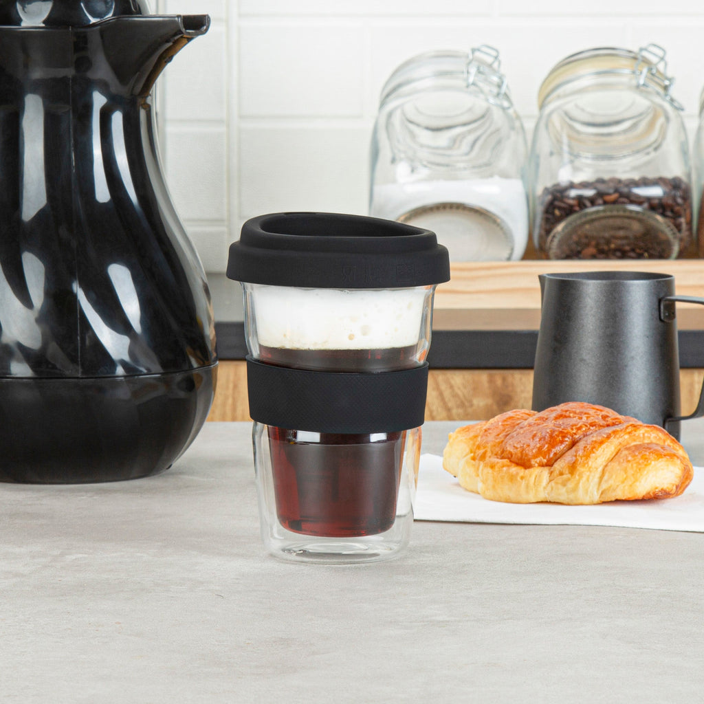Forma Professional 14 oz Glass Travel Mug - Double Wall, Borosilicate, with Black Lid and Sleeve - 1 count box