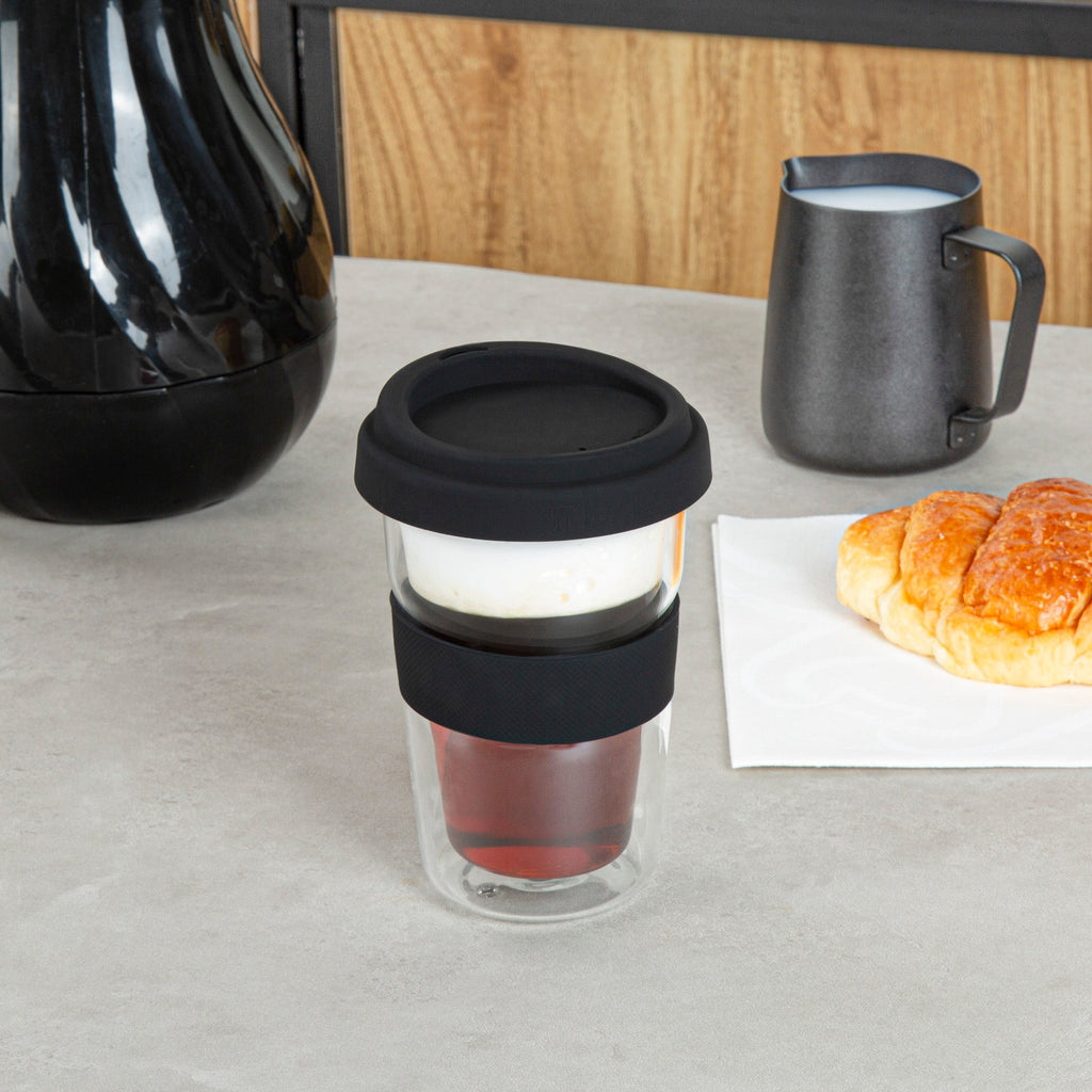 Forma Professional 14 oz Glass Travel Mug - Double Wall, Borosilicate, with Black Lid and Sleeve - 10 count box