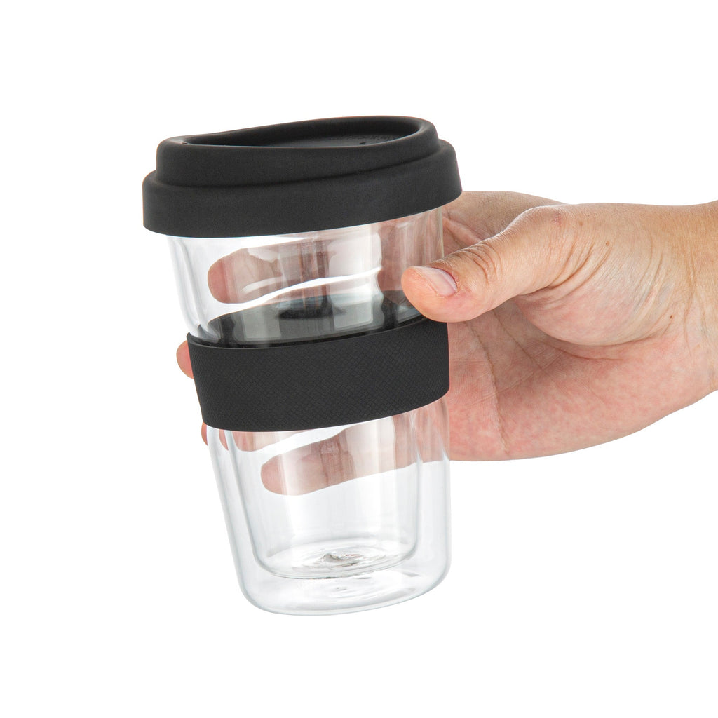 Forma Professional 14 oz Glass Travel Mug - Double Wall, Borosilicate, with Black Lid and Sleeve - 10 count box