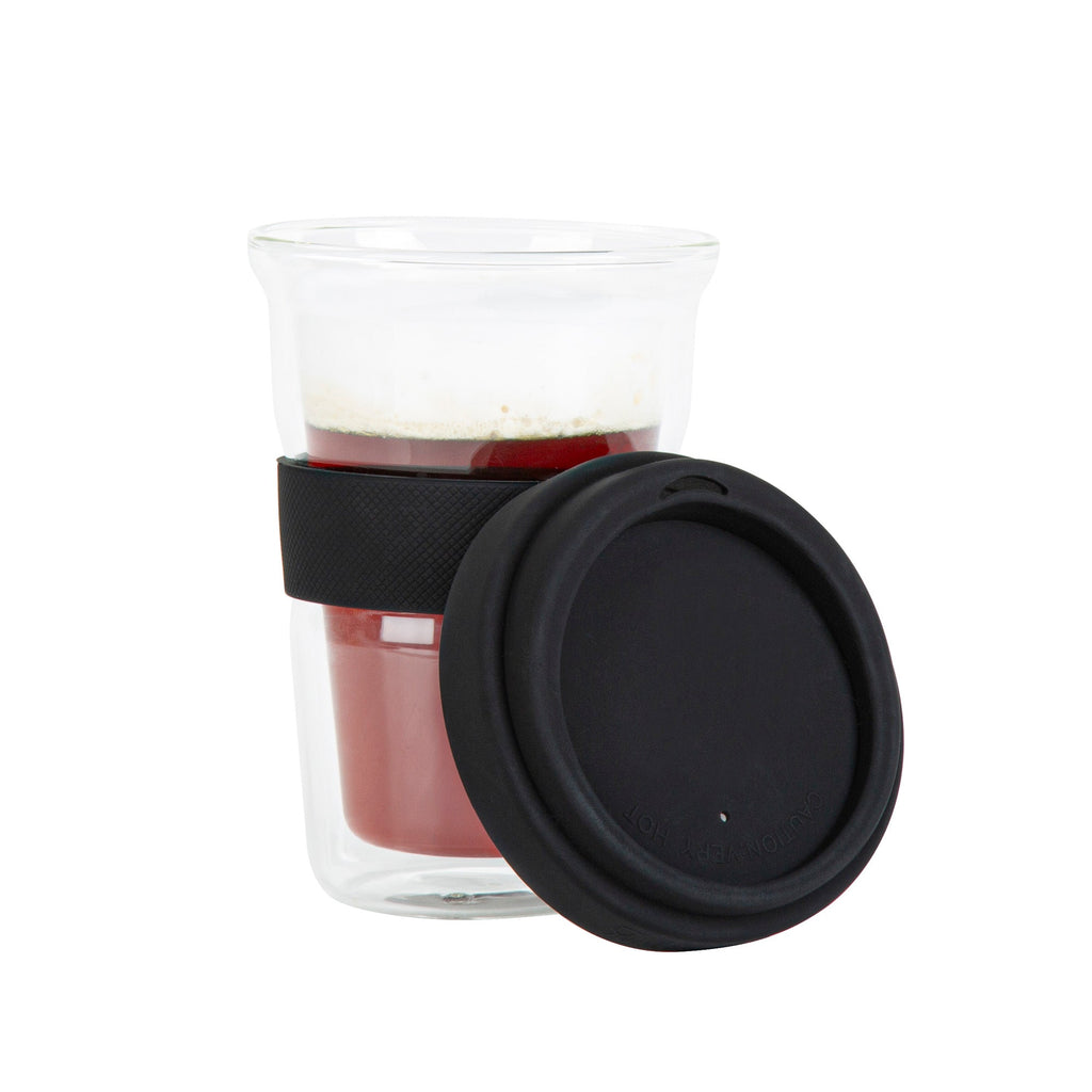 Forma Professional 14 oz Glass Travel Mug - Double Wall, Borosilicate, with Black Lid and Sleeve - 10 count box