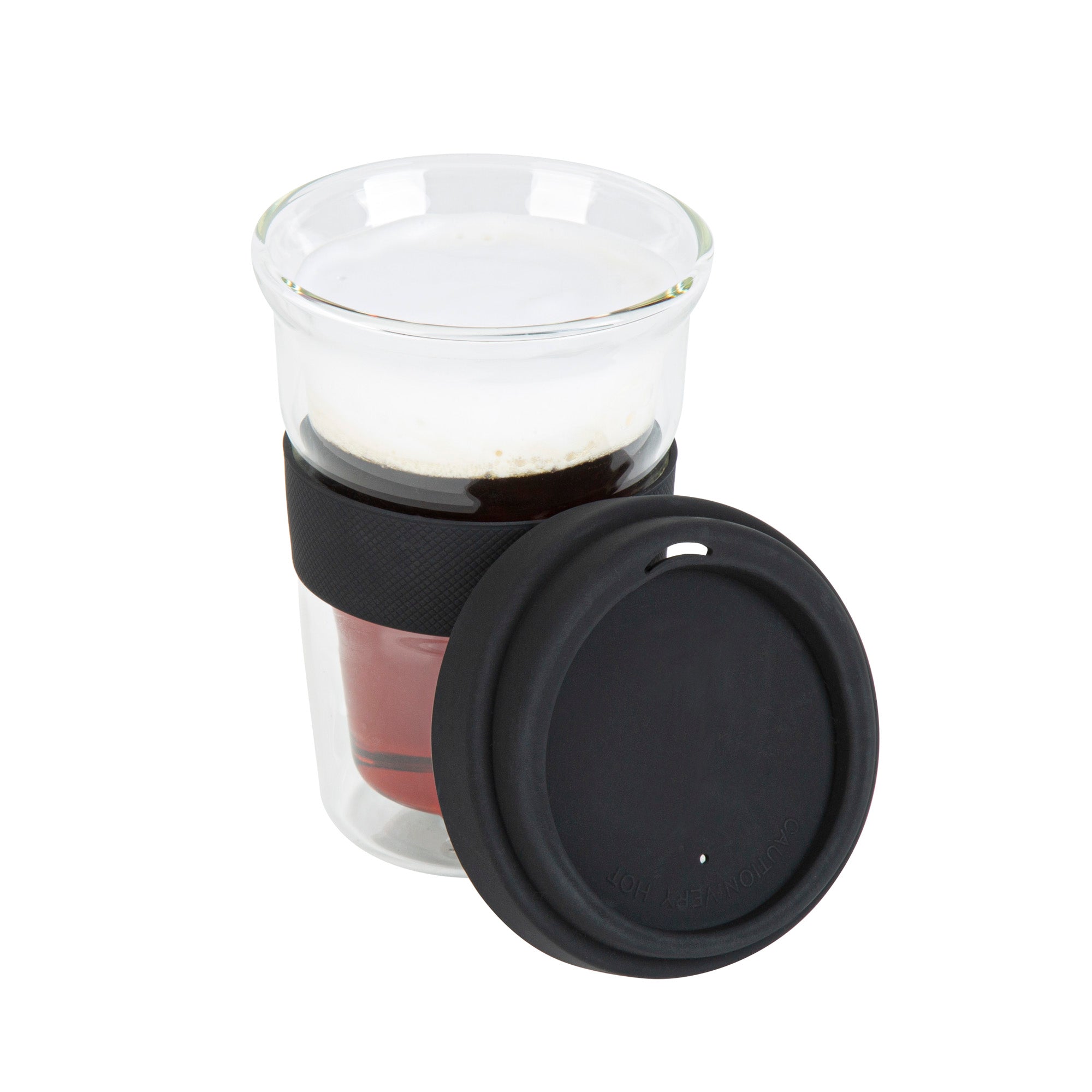 Forma Professional 14 oz Glass Travel Mug - Double Wall, Borosilicate, with Black Lid and Sleeve - 10 count box
