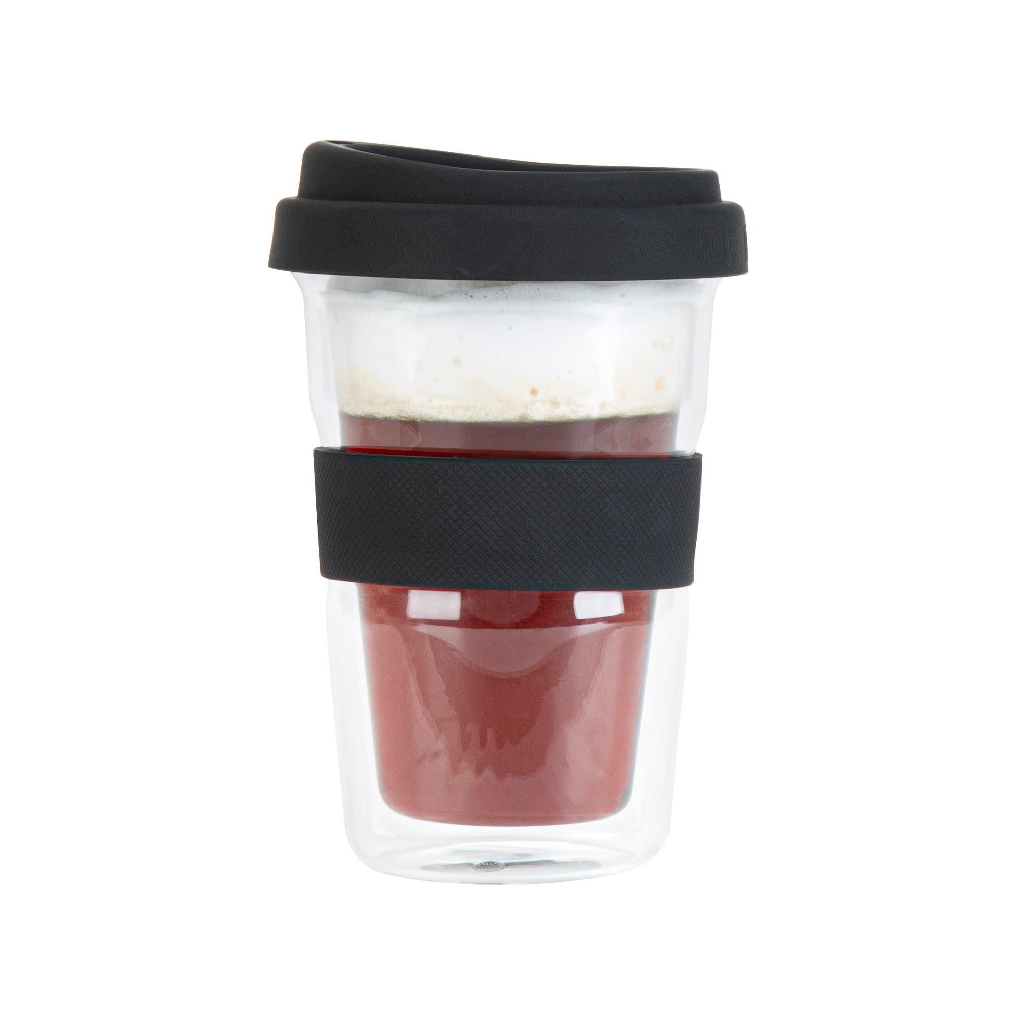 Forma Professional 14 oz Glass Travel Mug - Double Wall, Borosilicate, with Black Lid and Sleeve - 10 count box
