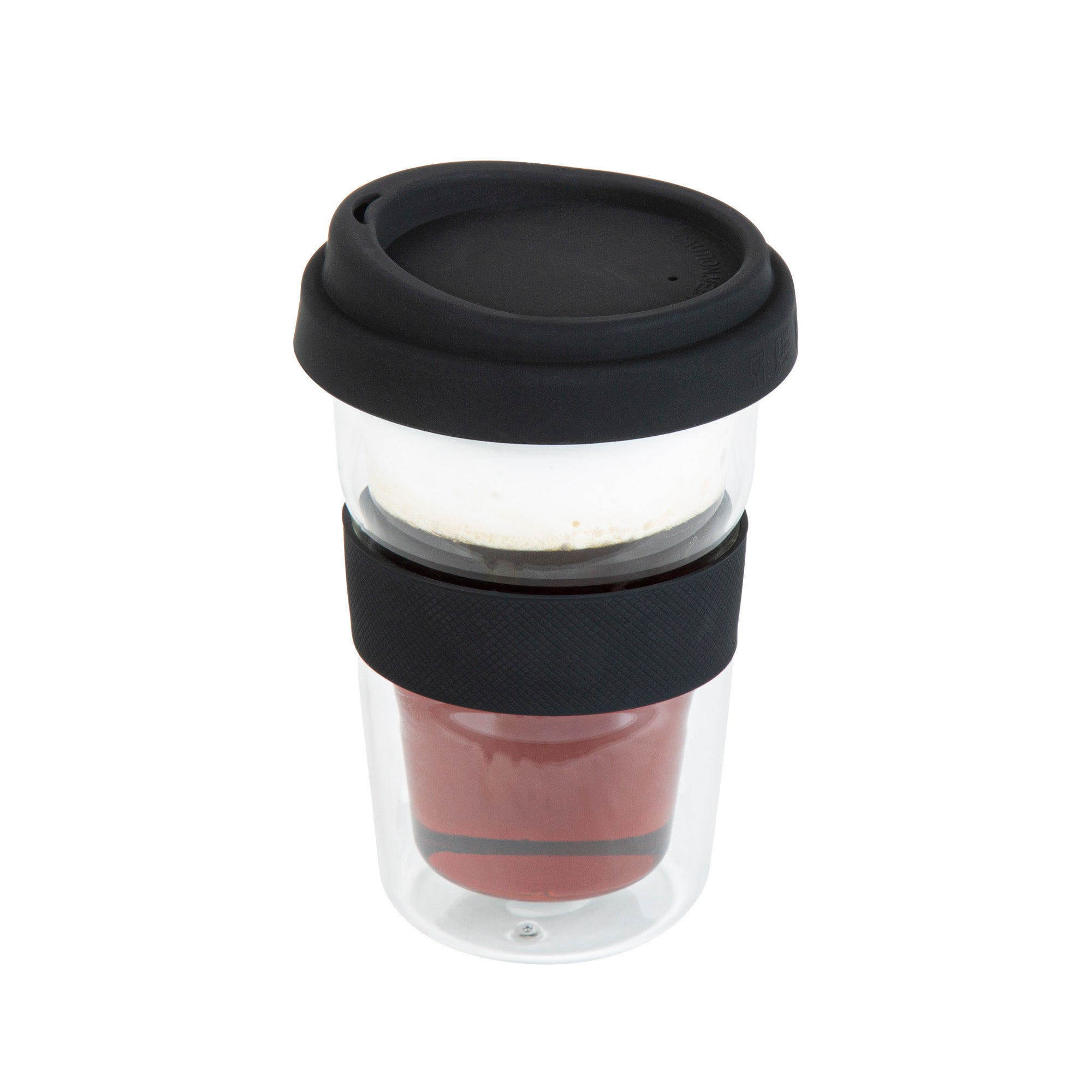 Forma Professional 14 oz Glass Travel Mug - Double Wall, Borosilicate, with Black Lid and Sleeve - 10 count box