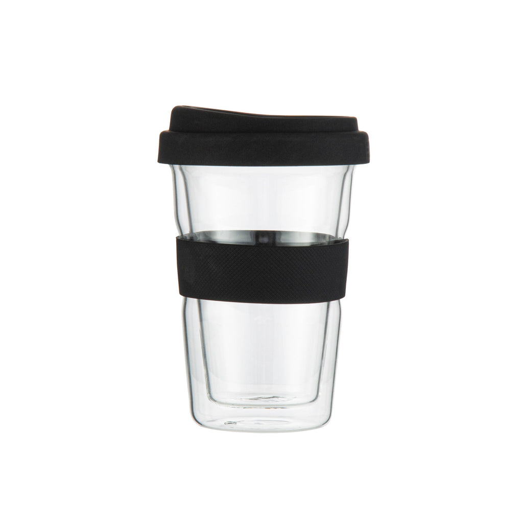 Forma Professional 14 oz Glass Travel Mug - Double Wall, Borosilicate, with Black Lid and Sleeve - 10 count box