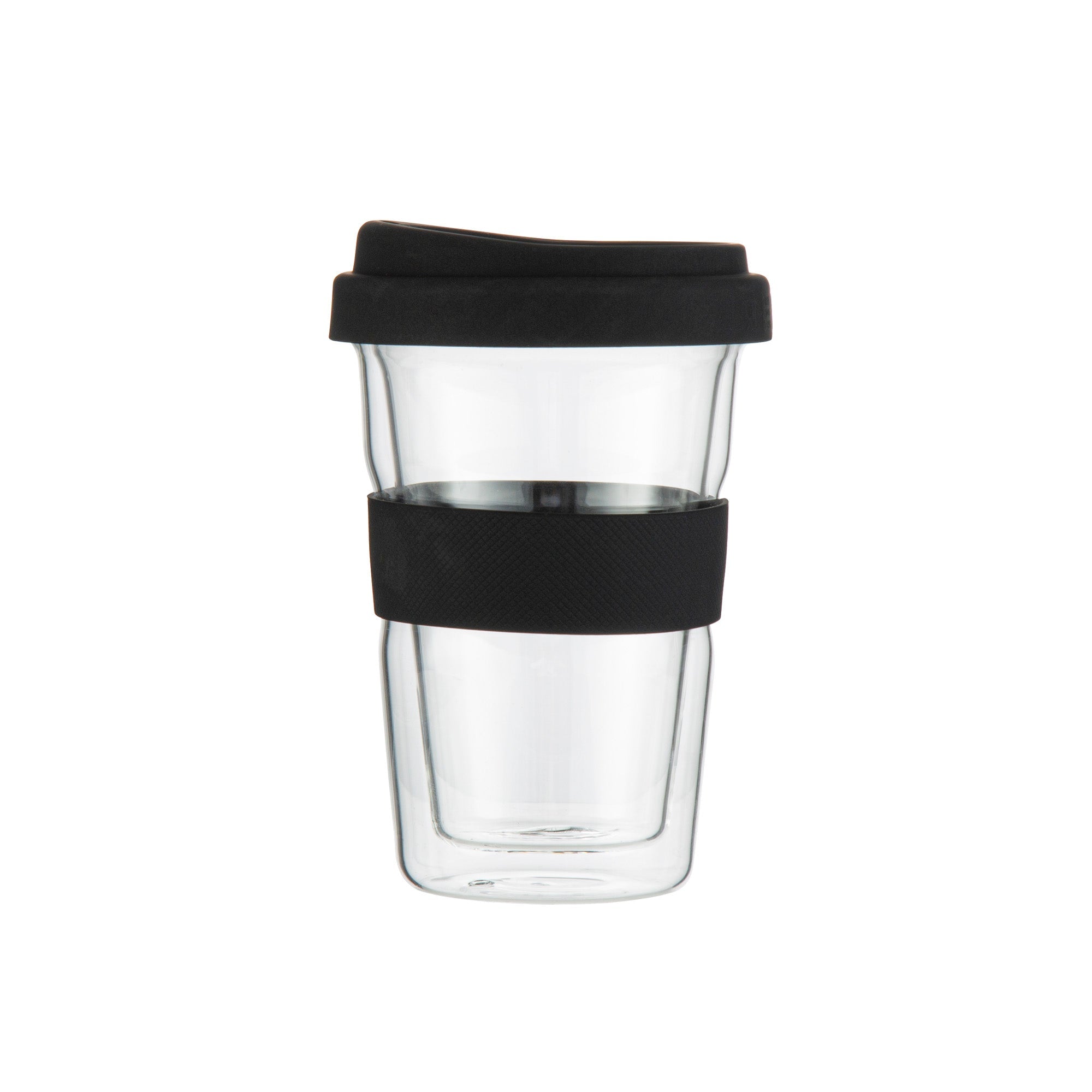 Forma Professional 14 oz Glass Travel Mug - Double Wall, Borosilicate, with Black Lid and Sleeve - 10 count box