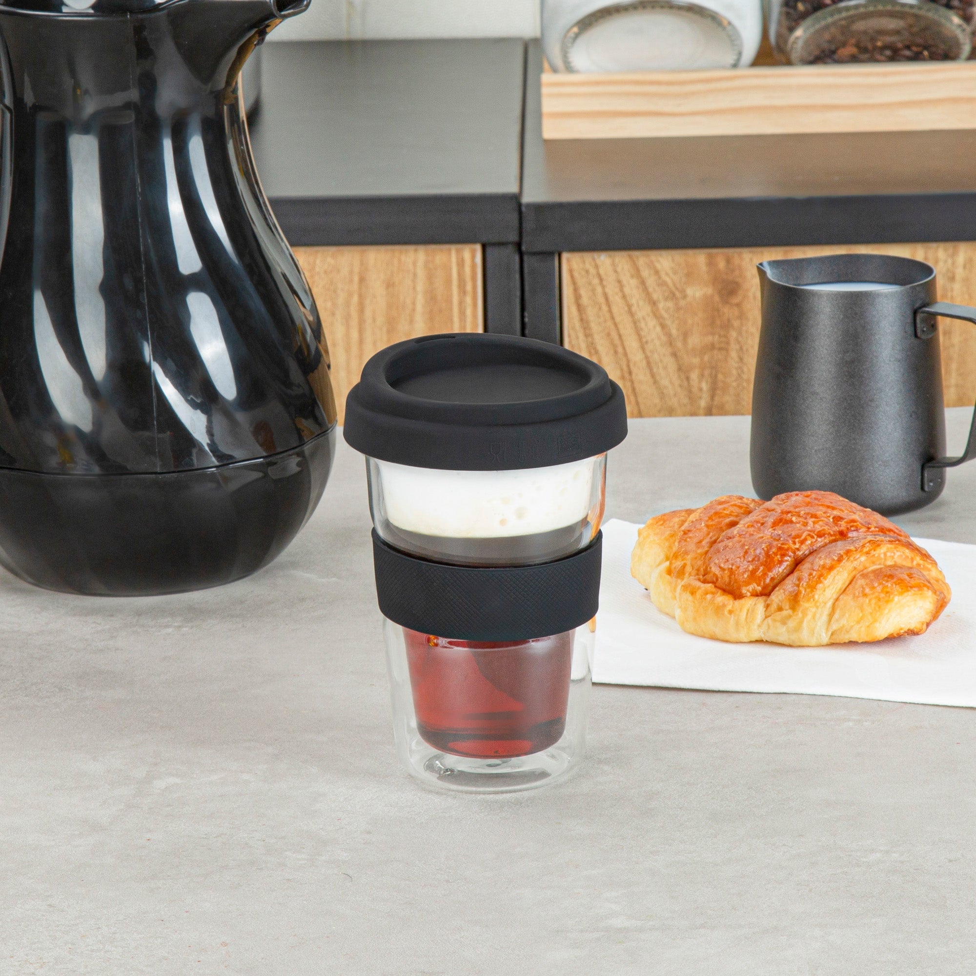 Forma Professional 14 oz Glass Travel Mug - Double Wall, Borosilicate, with Black Lid and Sleeve - 10 count box