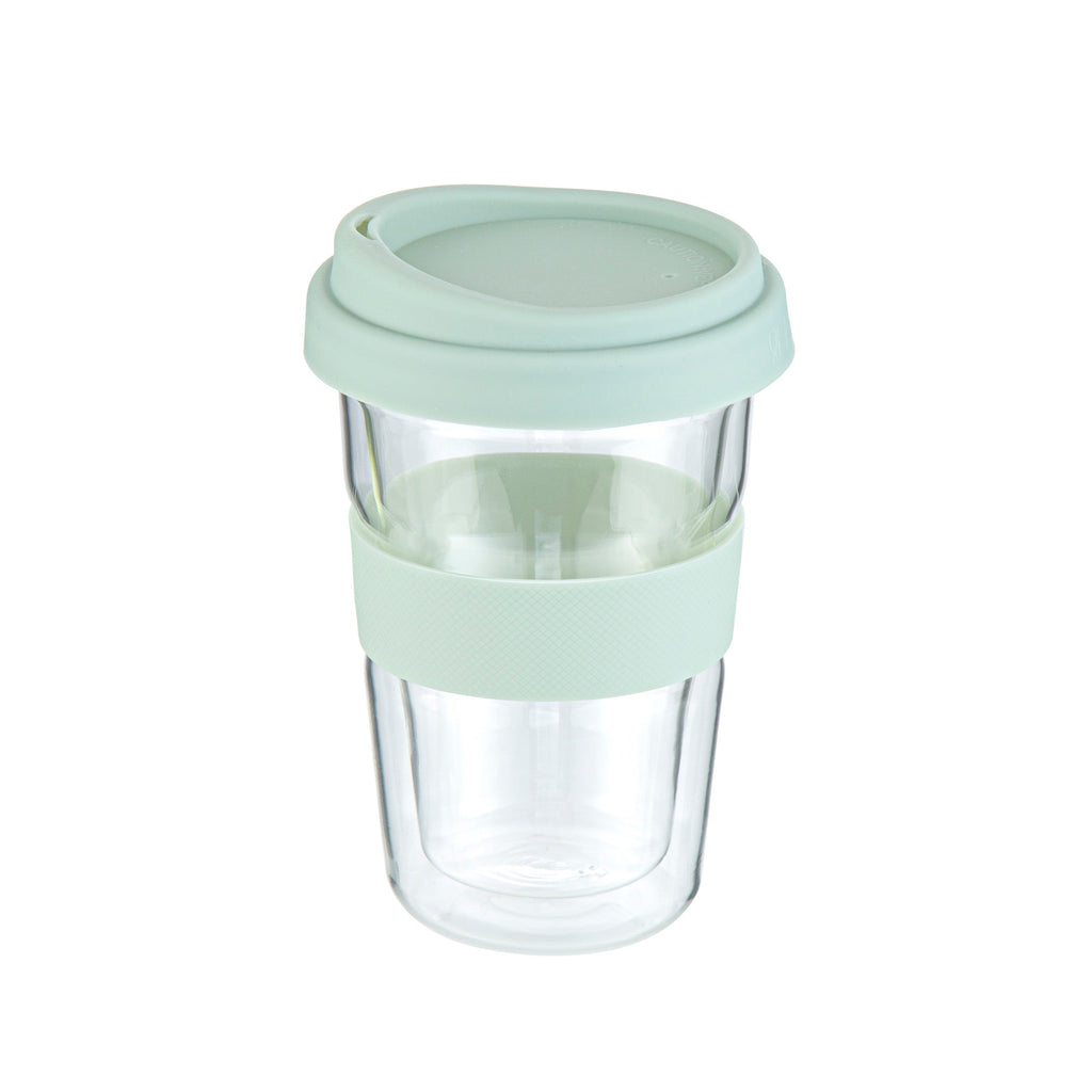 Forma Professional 14 oz Glass Travel Mug - Double Wall, Borosilicate, with Mint Green Lid and Sleeve - 1 count box