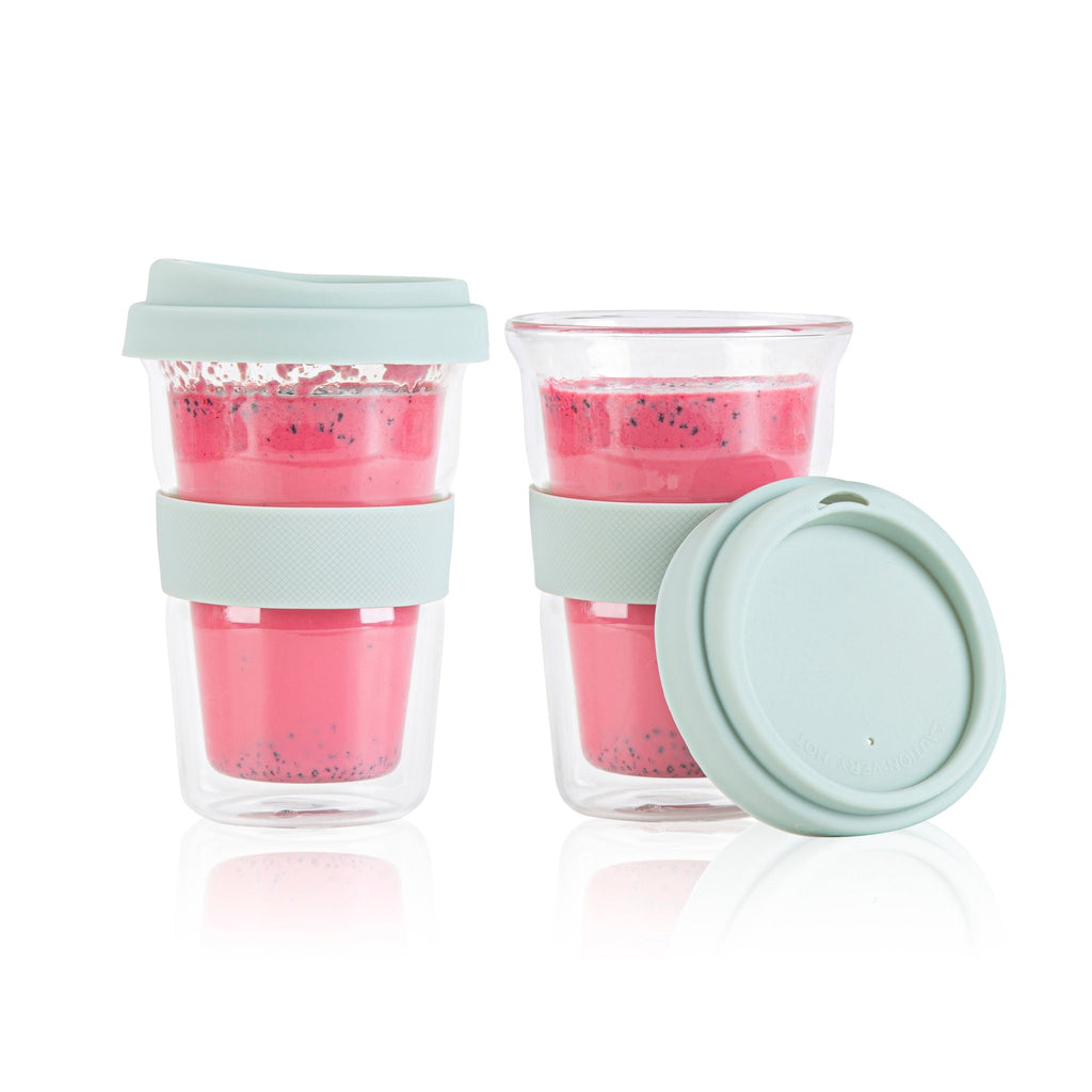 Forma Professional 14 oz Glass Travel Mug - Double Wall, Borosilicate, with Mint Green Lid and Sleeve - 1 count box