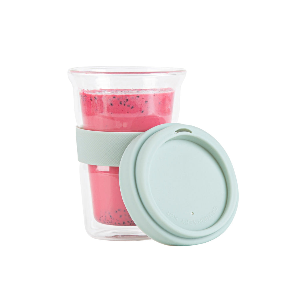Forma Professional 14 oz Glass Travel Mug - Double Wall, Borosilicate, with Mint Green Lid and Sleeve - 1 count box