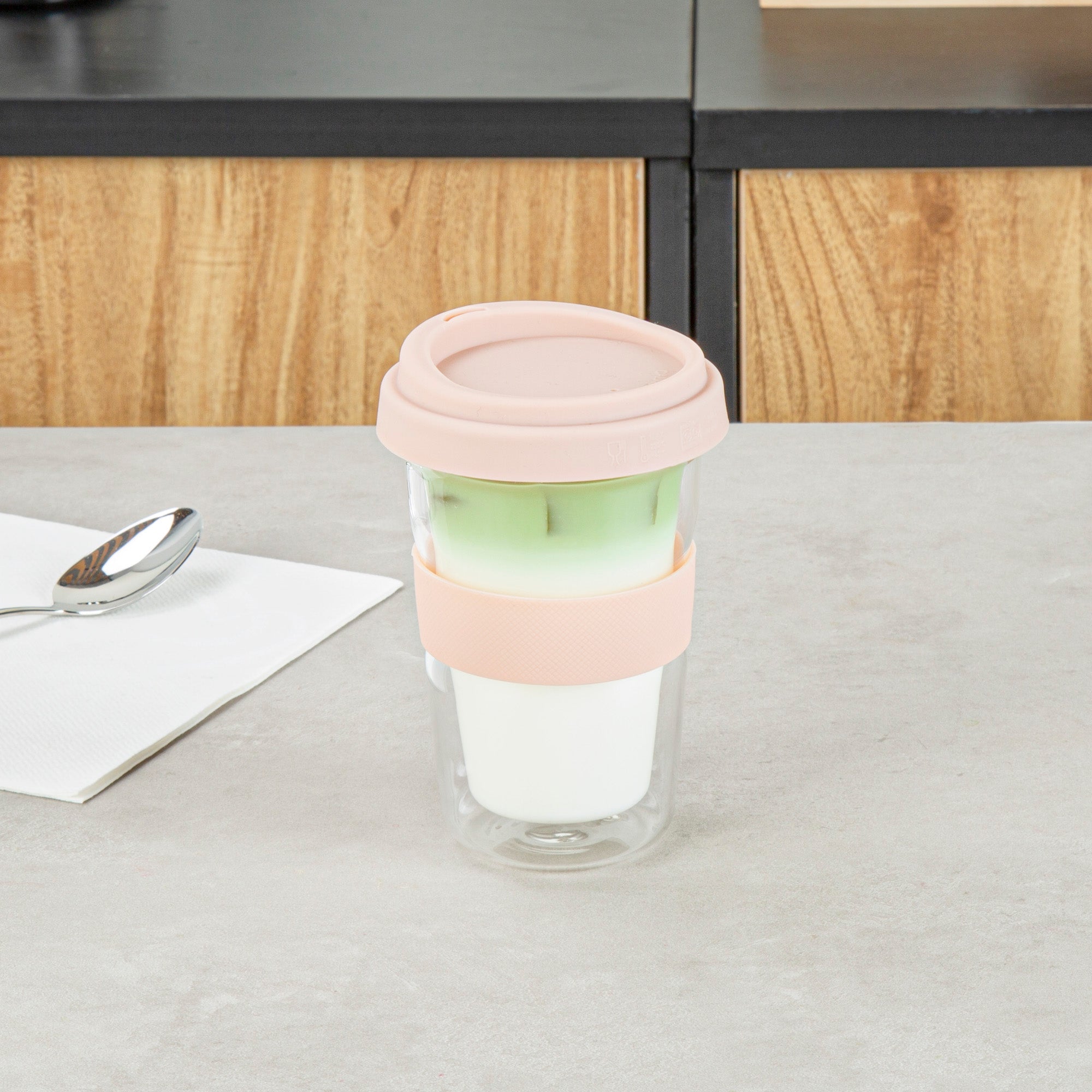 Forma Professional 14 oz Glass Travel Mug - Double Wall, Borosilicate, with Tan Lid and Sleeve - 1 count box