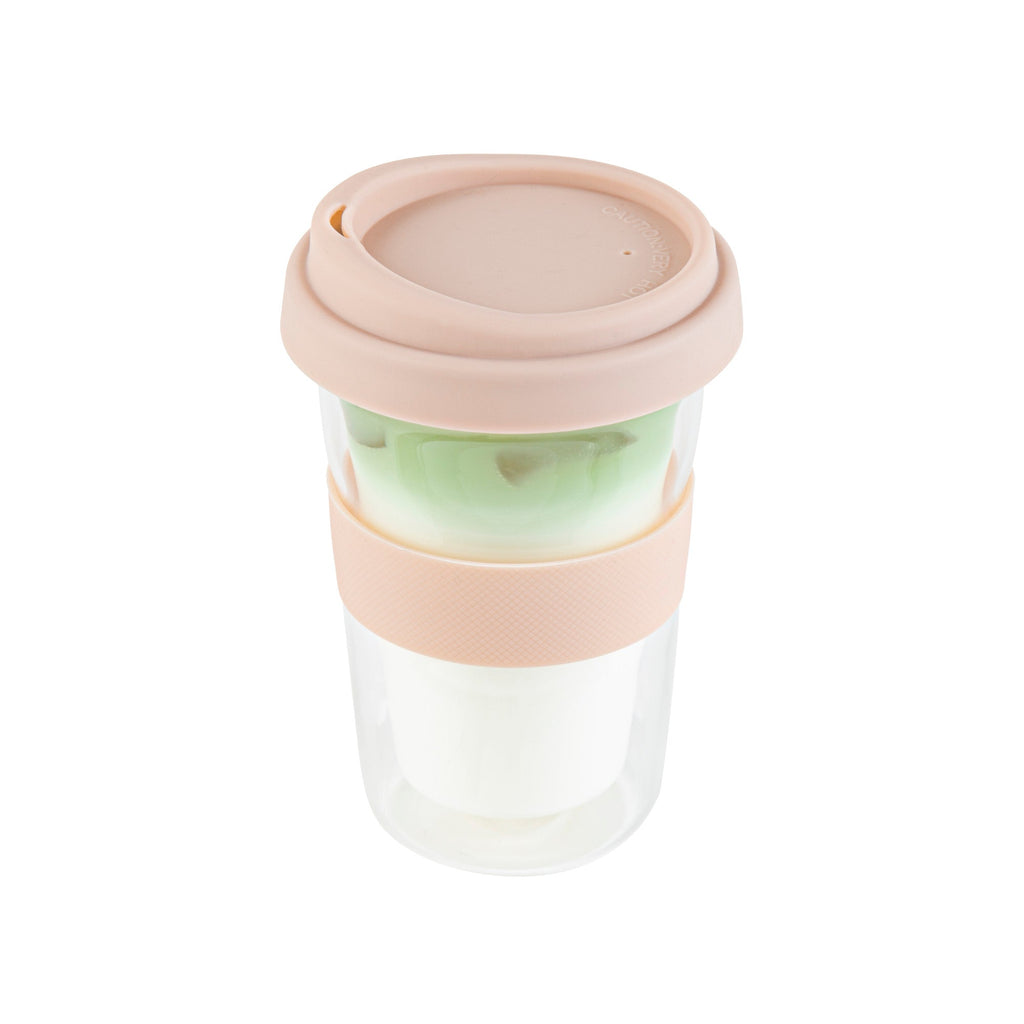 Forma Professional 14 oz Glass Travel Mug - Double Wall, Borosilicate, with Tan Lid and Sleeve - 10 count box