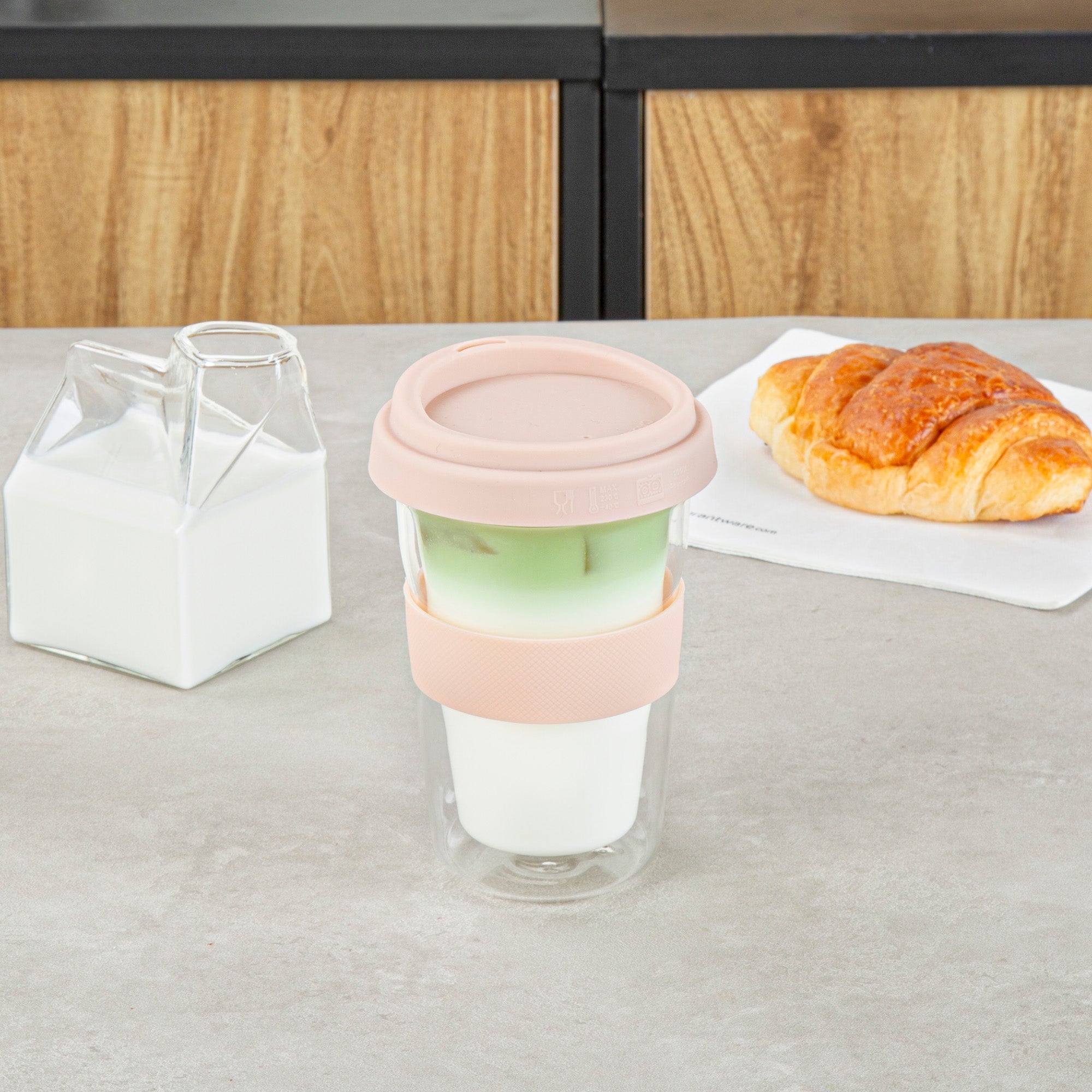Forma Professional 14 oz Glass Travel Mug - Double Wall, Borosilicate, with Tan Lid and Sleeve - 10 count box