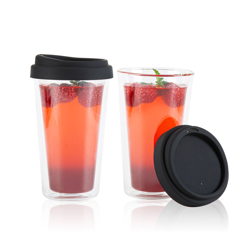 Forma Professional 14 oz Glass Travel Mug - Double Wall, Borosilicate, with Black Lid - 1 count box