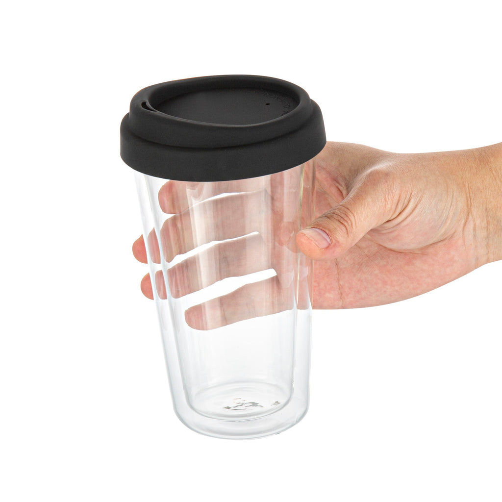 Forma Professional 14 oz Glass Travel Mug - Double Wall, Borosilicate, with Black Lid - 1 count box