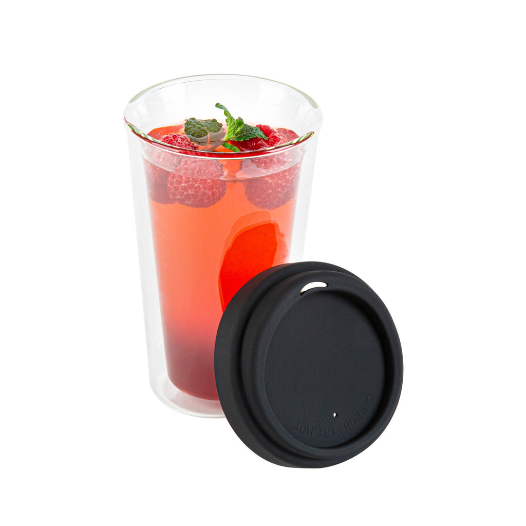 Forma Professional 14 oz Glass Travel Mug - Double Wall, Borosilicate, with Black Lid - 1 count box