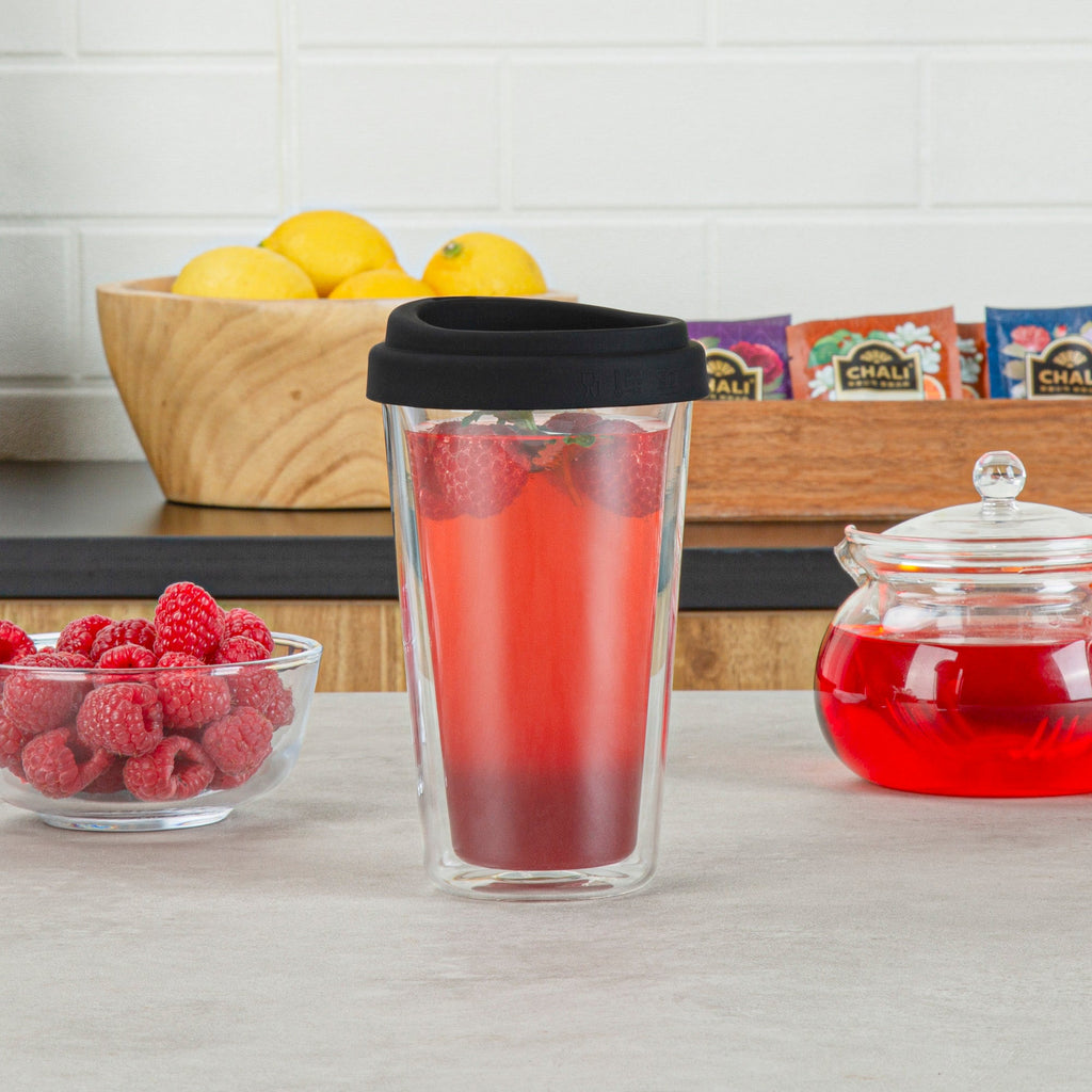 Forma Professional 14 oz Glass Travel Mug - Double Wall, Borosilicate, with Black Lid - 1 count box