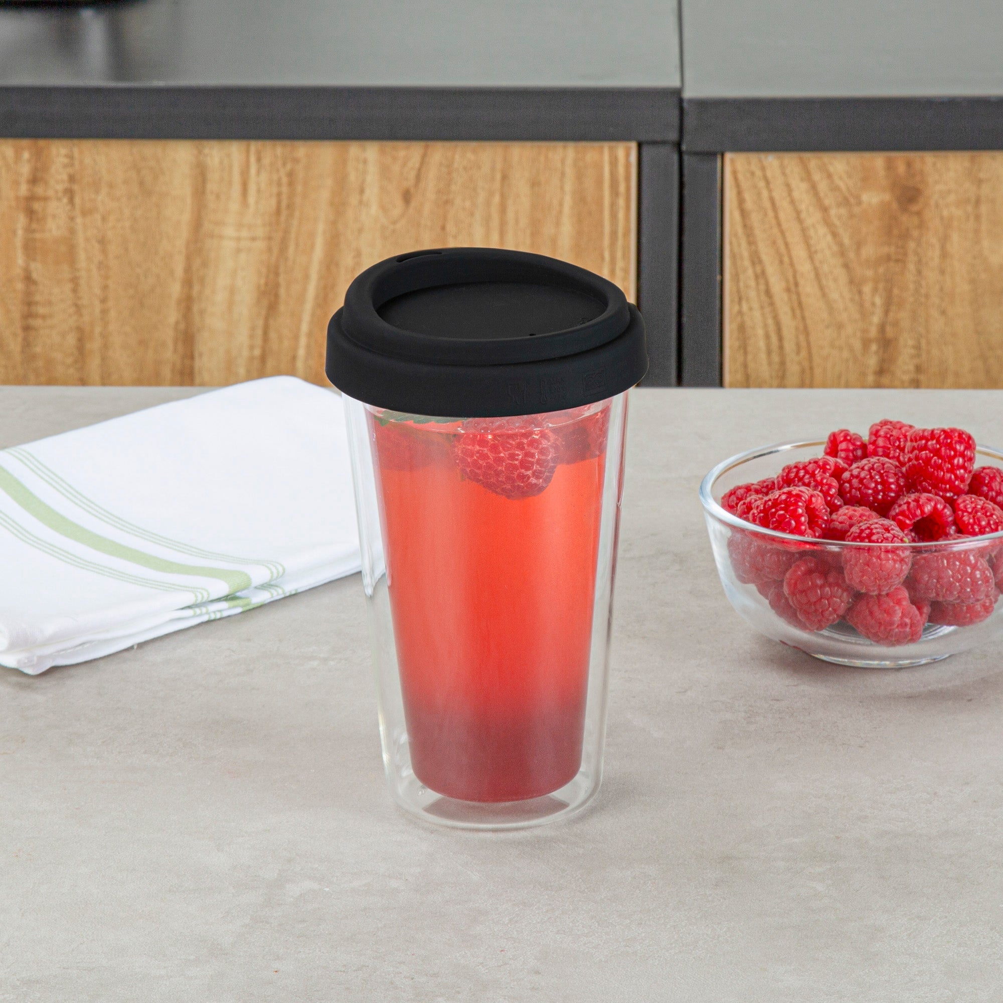 Forma Professional 14 oz Glass Travel Mug - Double Wall, Borosilicate, with Black Lid - 10 count box