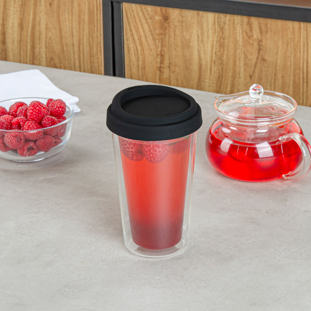Forma Professional 14 oz Glass Travel Mug - Double Wall, Borosilicate, with Black Lid - 10 count box