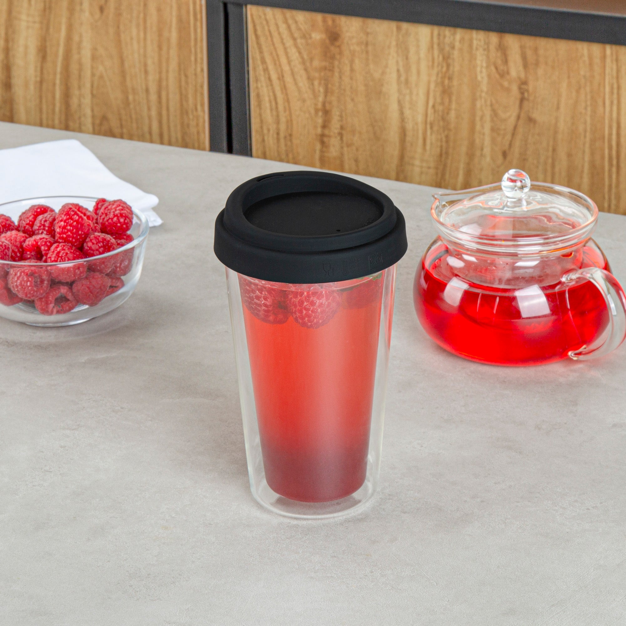 Forma Professional 14 oz Glass Travel Mug - Double Wall, Borosilicate, with Black Lid - 10 count box