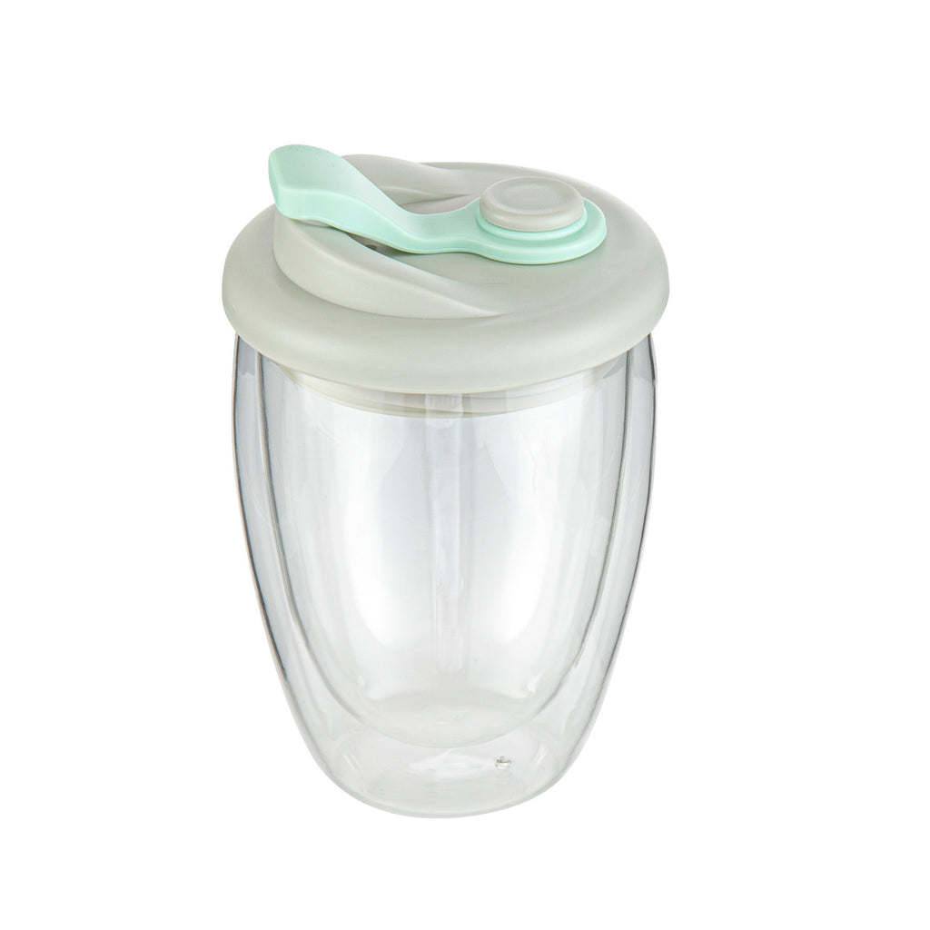 Forma Professional 12 oz Glass Travel Mug - Double Wall, Borosilicate, with Gray and Green Lid - 1 count box