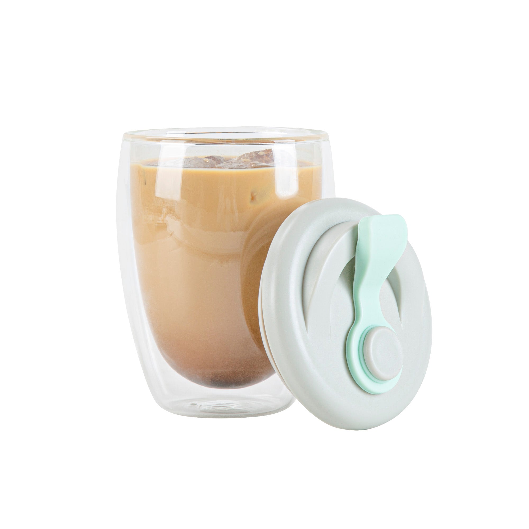 Forma Professional 12 oz Glass Travel Mug - Double Wall, Borosilicate, with Gray and Green Lid - 1 count box
