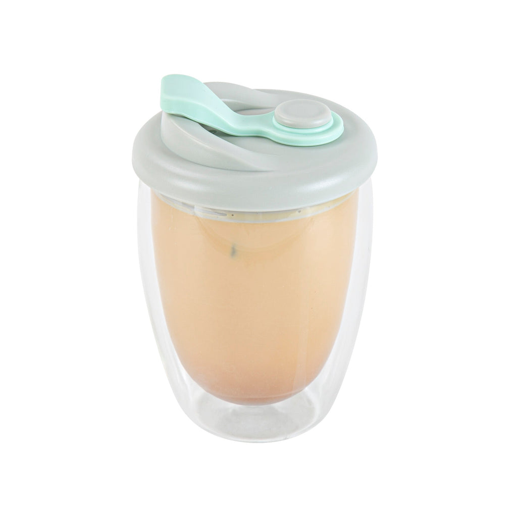 Forma Professional 12 oz Glass Travel Mug - Double Wall, Borosilicate, with Gray and Green Lid - 1 count box