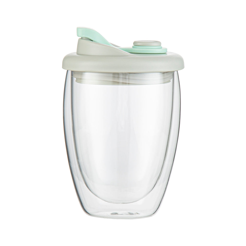 Forma Professional 12 oz Glass Travel Mug - Double Wall, Borosilicate, with Gray and Green Lid - 1 count box