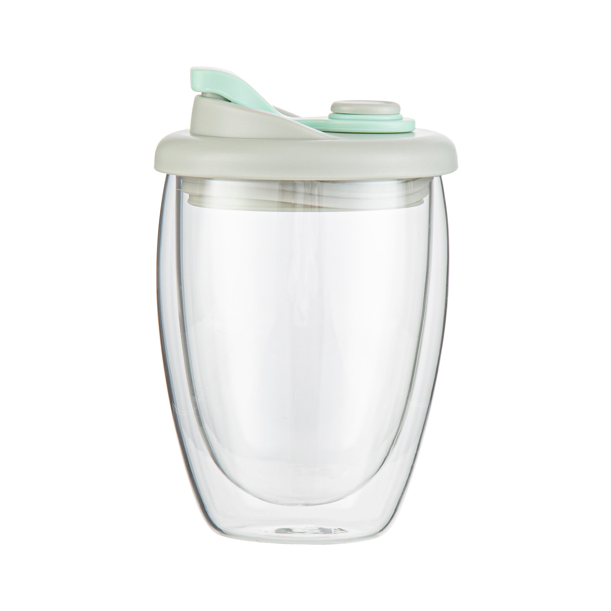 Forma Professional 12 oz Glass Travel Mug - Double Wall, Borosilicate, with Gray and Green Lid - 1 count box