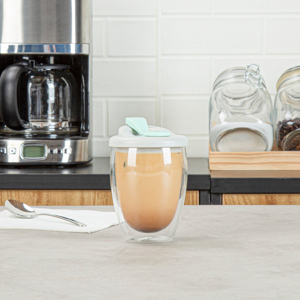 Forma Professional 12 oz Glass Travel Mug - Double Wall, Borosilicate, with Gray and Green Lid - 1 count box