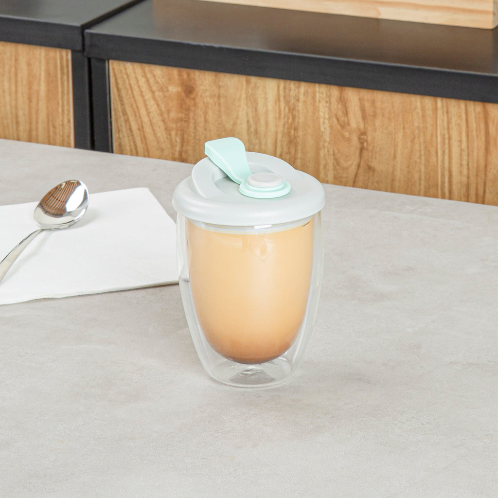 Forma Professional 12 oz Glass Travel Mug - Double Wall, Borosilicate, with Gray and Green Lid - 10 count box