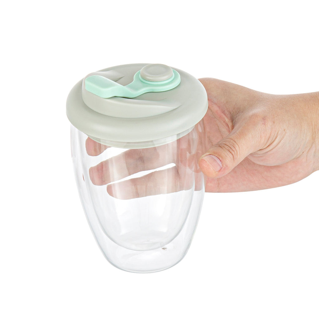 Forma Professional 12 oz Glass Travel Mug - Double Wall, Borosilicate, with Gray and Green Lid - 10 count box