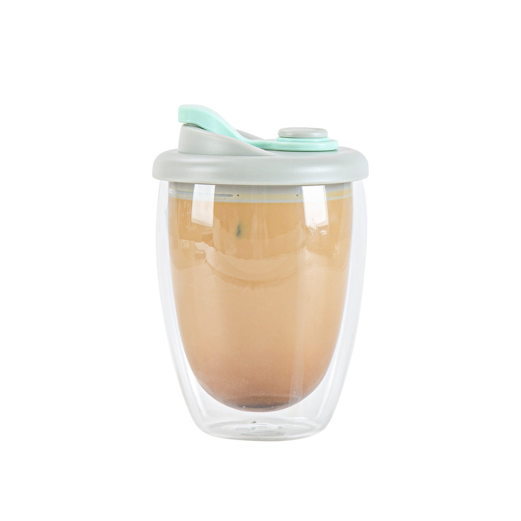 Forma Professional 12 oz Glass Travel Mug - Double Wall, Borosilicate, with Gray and Green Lid - 10 count box